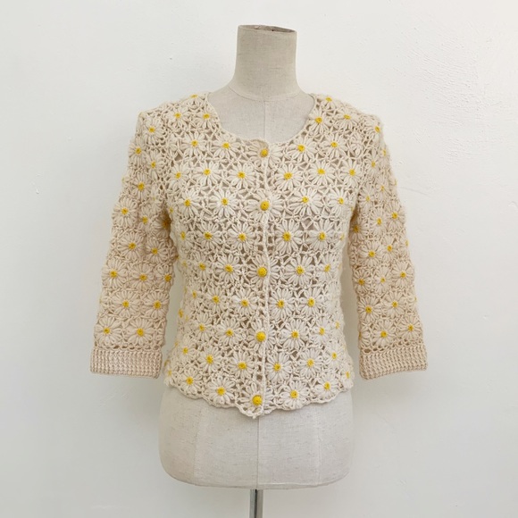 Vintage Sweaters - SOLD Vintage Knit Crochet Daisy Cardigan Sweater